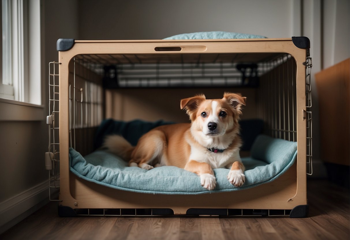 A dog sits calmly inside a cozy crate, with a soft bed and a chew toy. The crate is placed in a quiet corner, with a water bowl nearby