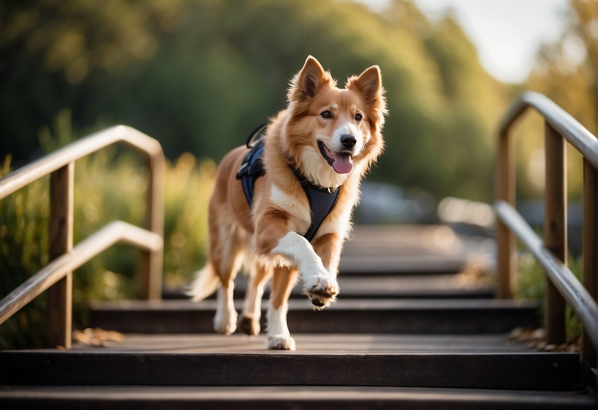 A dog walks confidently up a sturdy, gently sloping ramp, with a supportive rail on one side