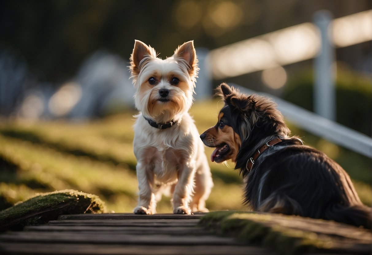 A small dog confidently walks up a gently sloping ramp, while a larger dog eagerly waits at the top, wagging its tail