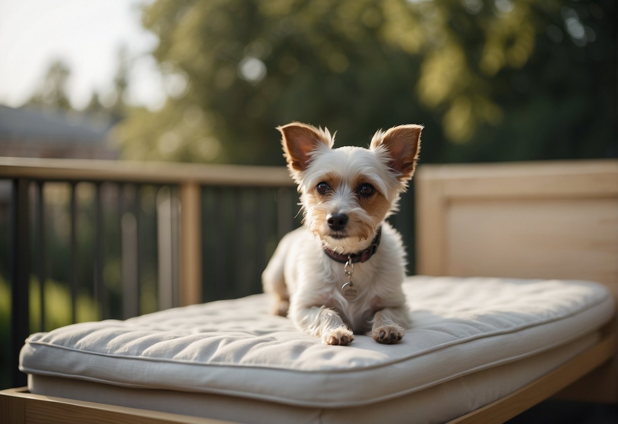 A small elderly dog struggles to climb onto a high bed. A sturdy, adjustable ramp provides safe and easy access for the aging pet