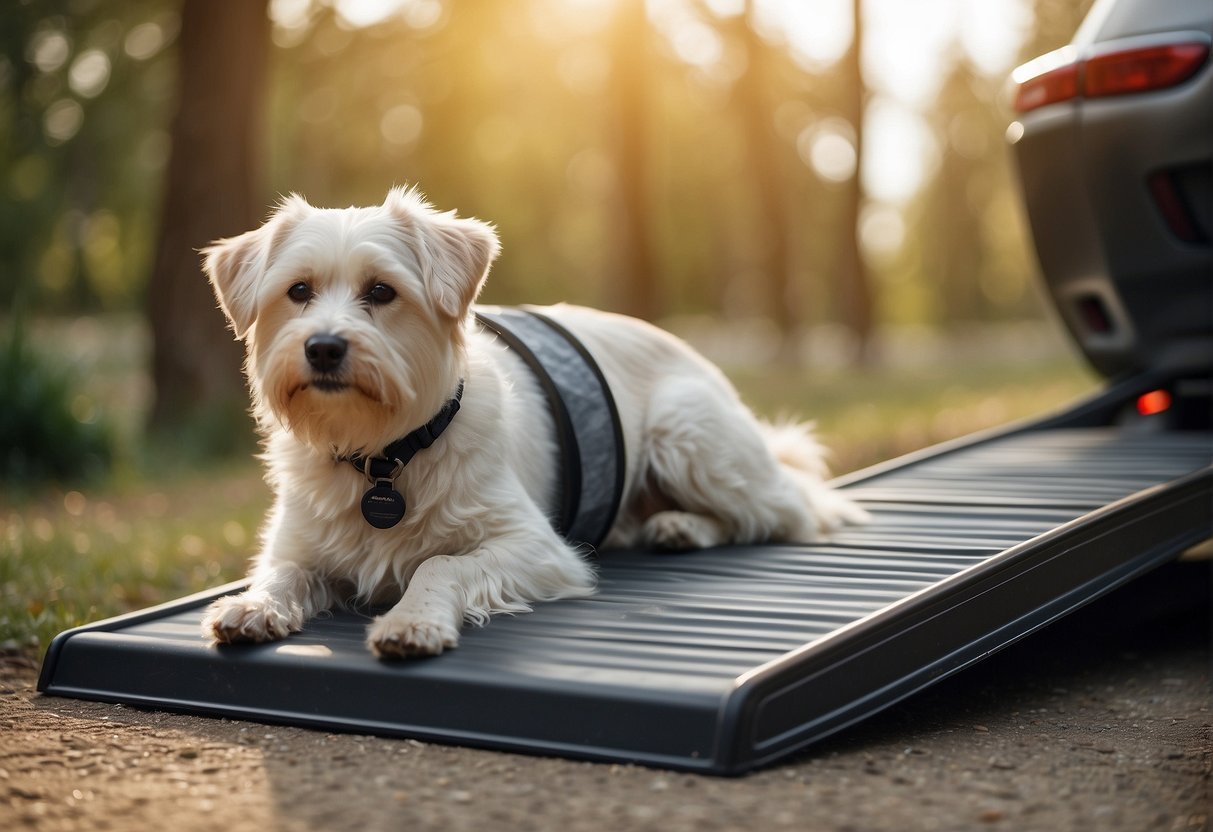 A dog easily walks up a sturdy, non-slip dog ramp to reach a car or bed. The ramp is lightweight and foldable for easy transport and storage