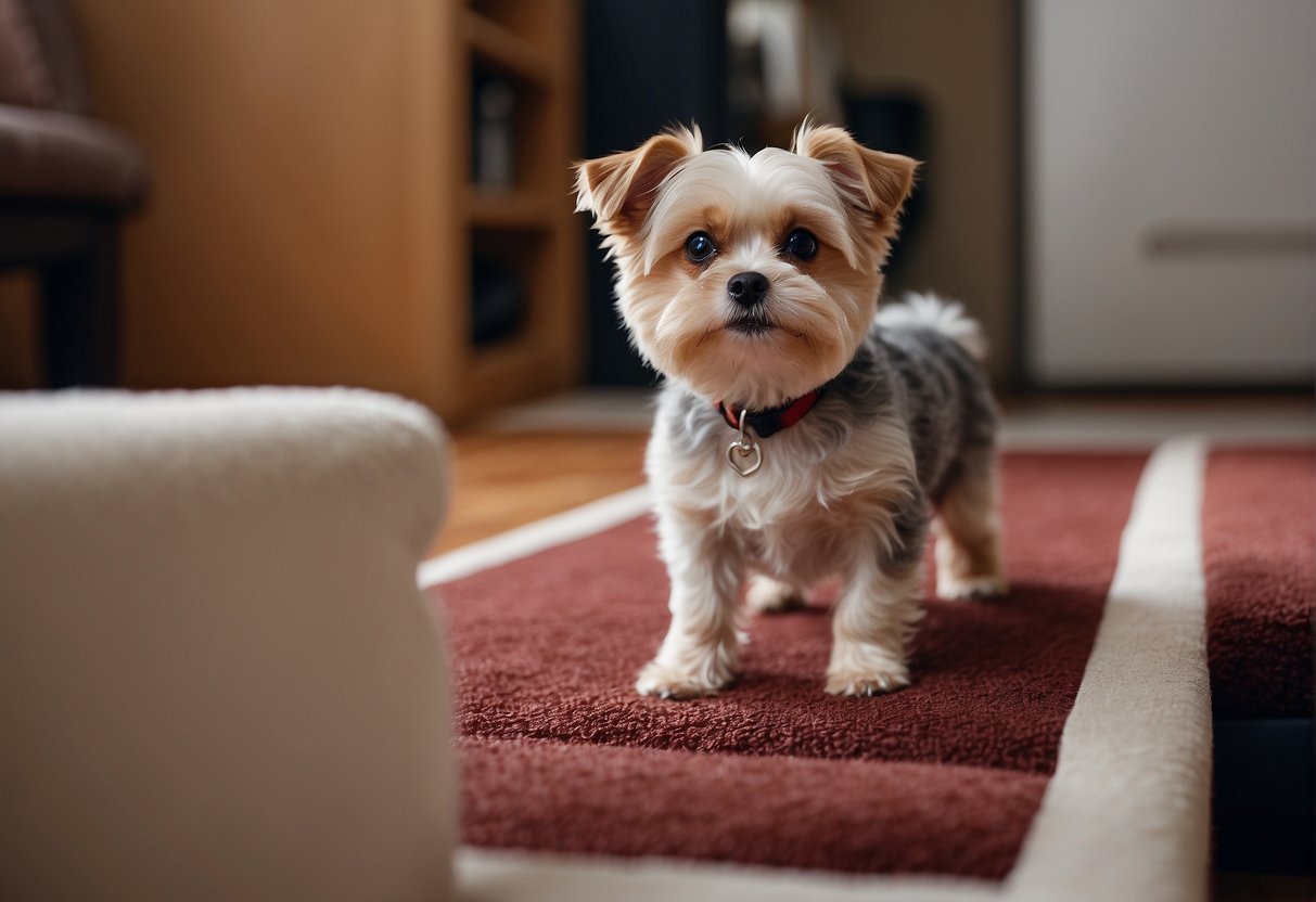 A small dog confidently walks up a sturdy, carpeted ramp with nonslip padding, leading to a cozy bed or couch