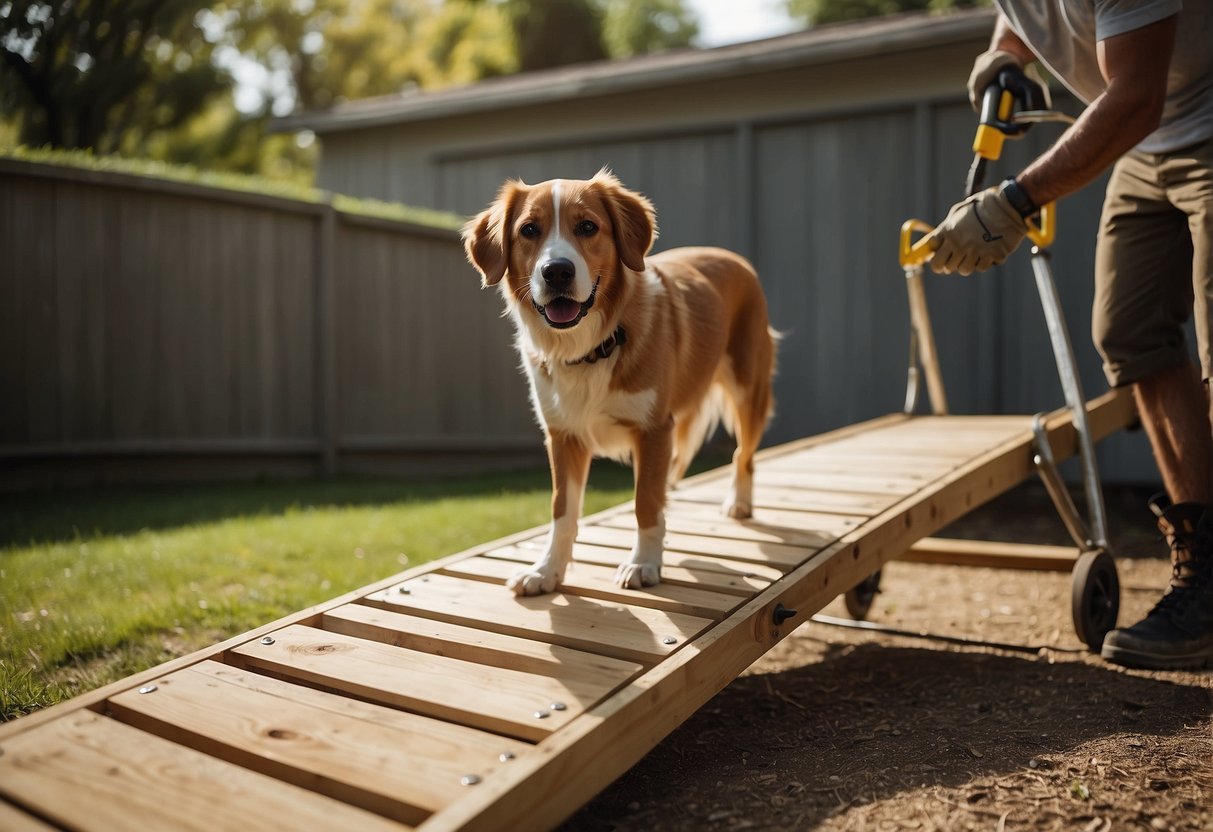 A dog ramp is being installed and maintained in a backyard, with tools and materials scattered around. A dog is seen using the ramp, showcasing its functionality