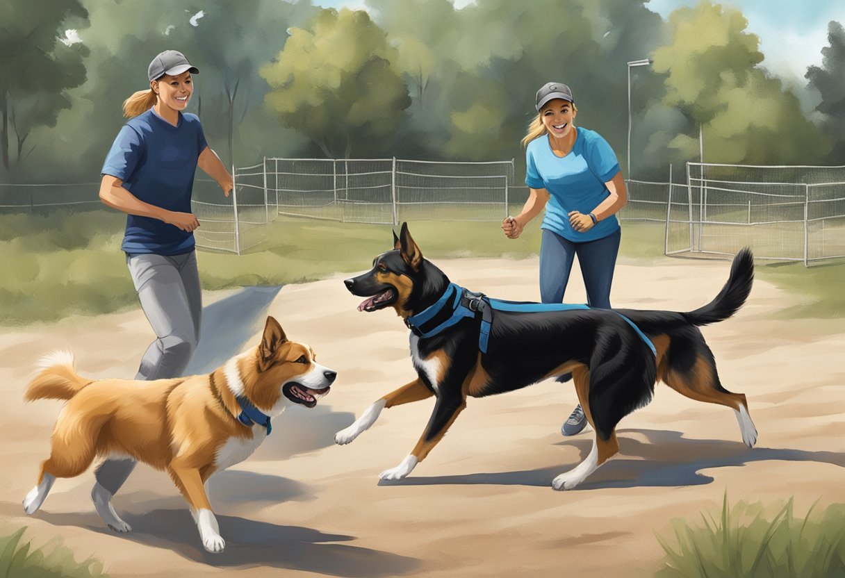 Dogs navigating obstacles, trainers guiding, and problem-solving at Off Leash K9 Training