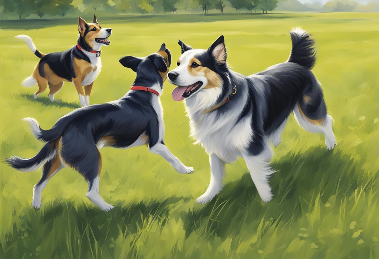 Dogs perform off-leash commands in a spacious, grassy field, demonstrating advanced obedience and control