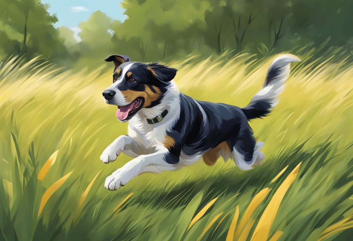 Dog running freely in a grassy field, responding to verbal commands and hand signals from a trainer