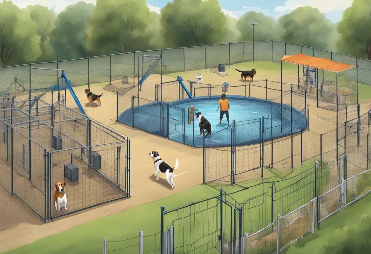 Dogs wearing training collars, leashes, and muzzles in a fenced area with obstacle course and water stations