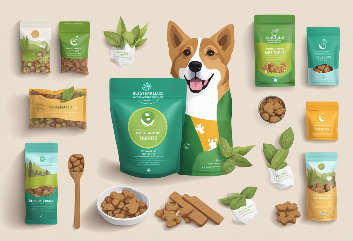 A happy dog munching on sustainable and ethical dog treats, surrounded by eco-friendly packaging and natural ingredients