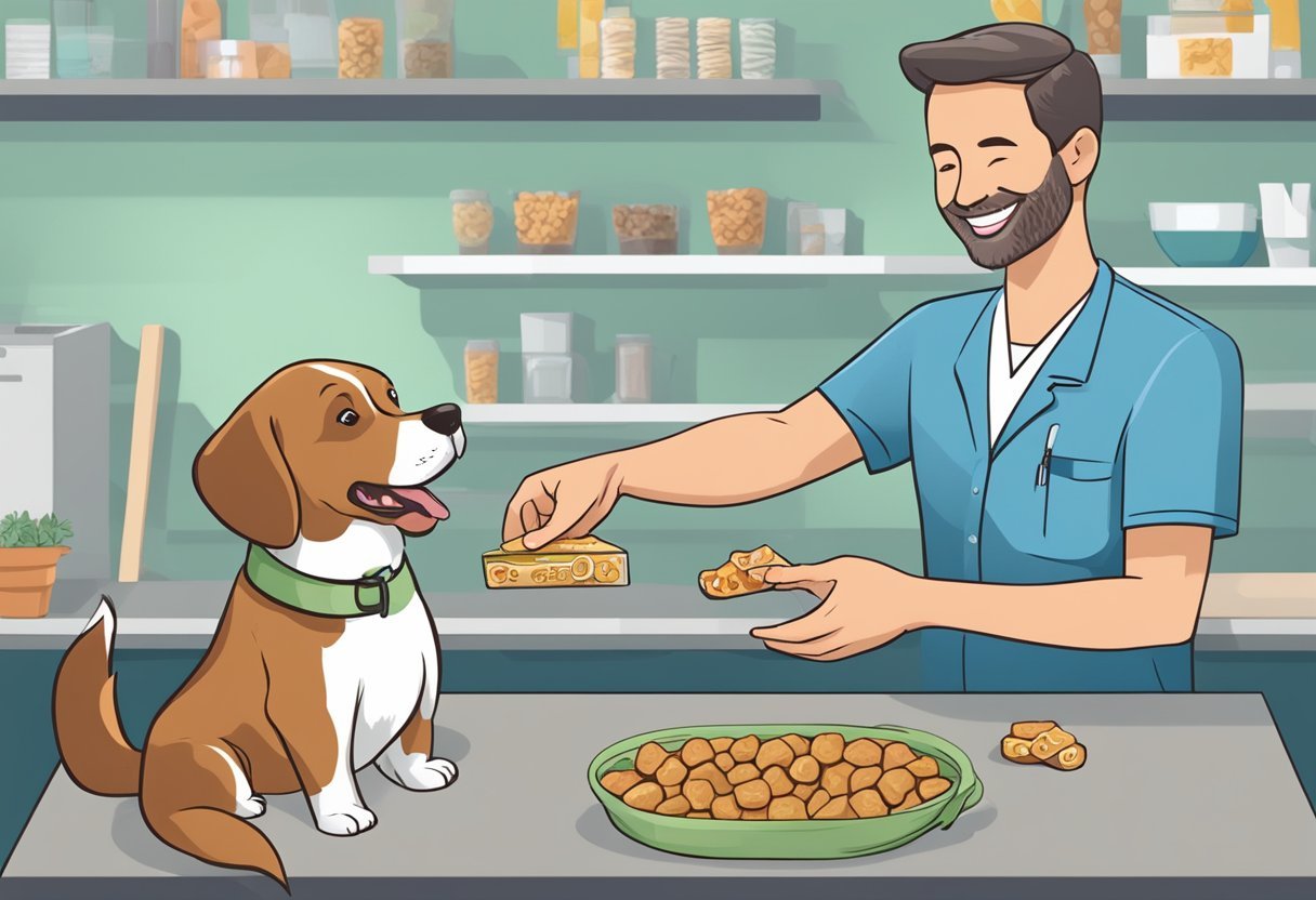 A dog happily munches on a nutritious dog treat, while a veterinarian looks on with approval. The treat packaging proudly displays the words "Safeguarding Your Dog's Health."