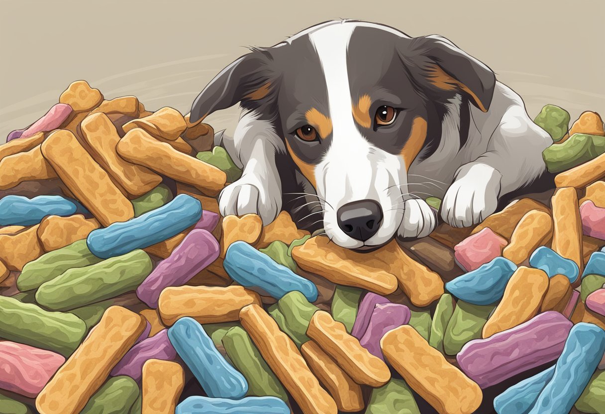 A dog eagerly sniffs a pile of assorted dog treats, tail wagging