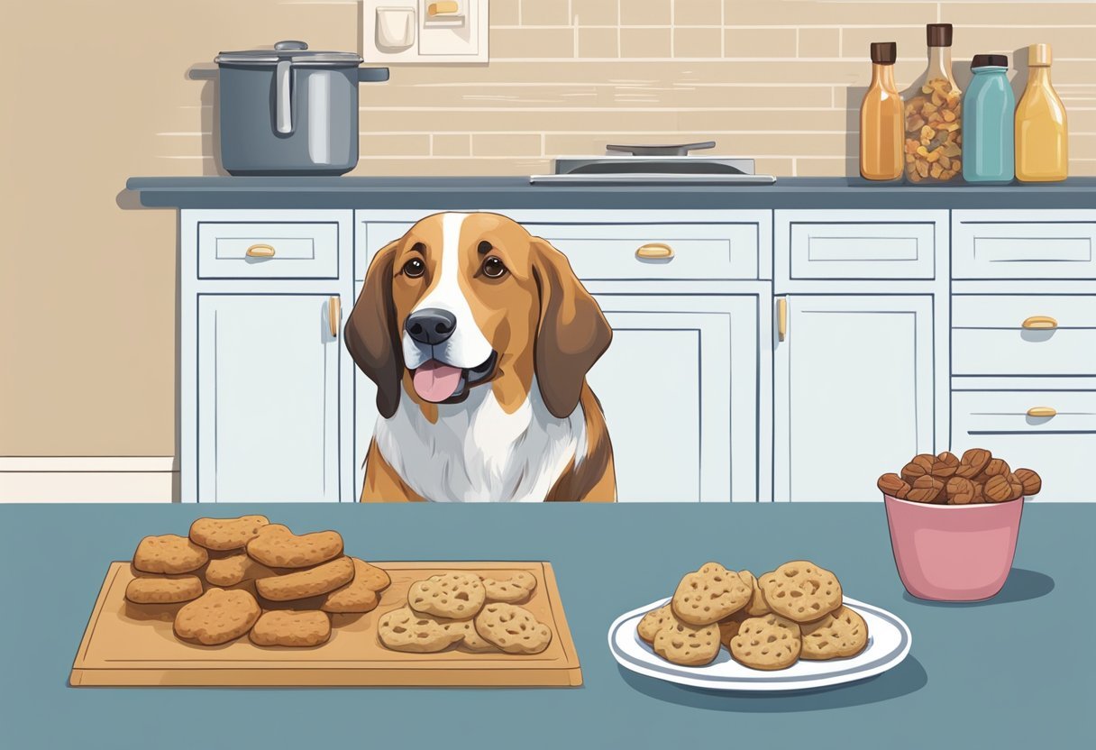 A dog eagerly sits by a kitchen counter with a plate of homemade treats on one side and a bag of store-bought treats on the other