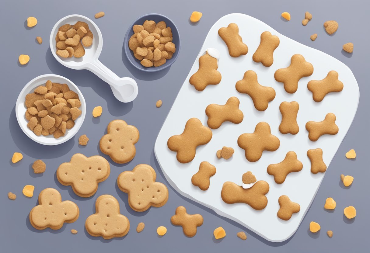 A side-by-side comparison of homemade and store-bought dog treats on a clean, white surface with a measuring cup and ingredients scattered around