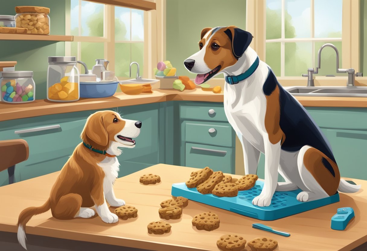 A dog happily munches on a homemade treat while another dog looks uninterested in a store-bought treat. The homemade treat is surrounded by fresh ingredients, while the store-bought treat is in a plastic package