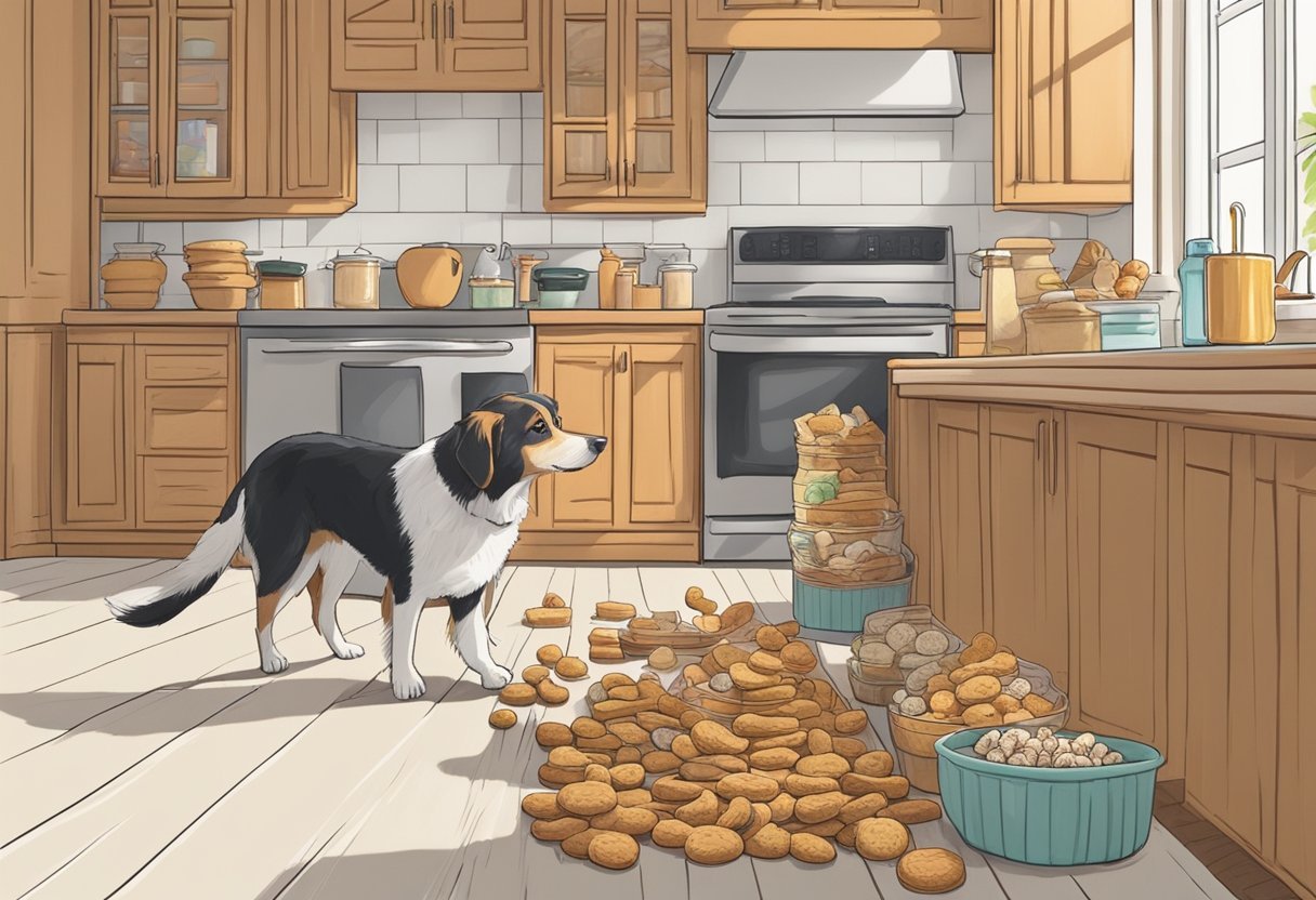 A dog eagerly sniffs two piles of treats - one homemade, the other store-bought. A cozy kitchen backdrop features a cluttered counter and a warm, inviting atmosphere