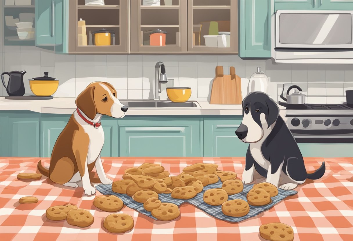 A dog eagerly sniffs two piles of treats - one homemade, the other store-bought - placed on a checkered tablecloth in a cozy kitchen