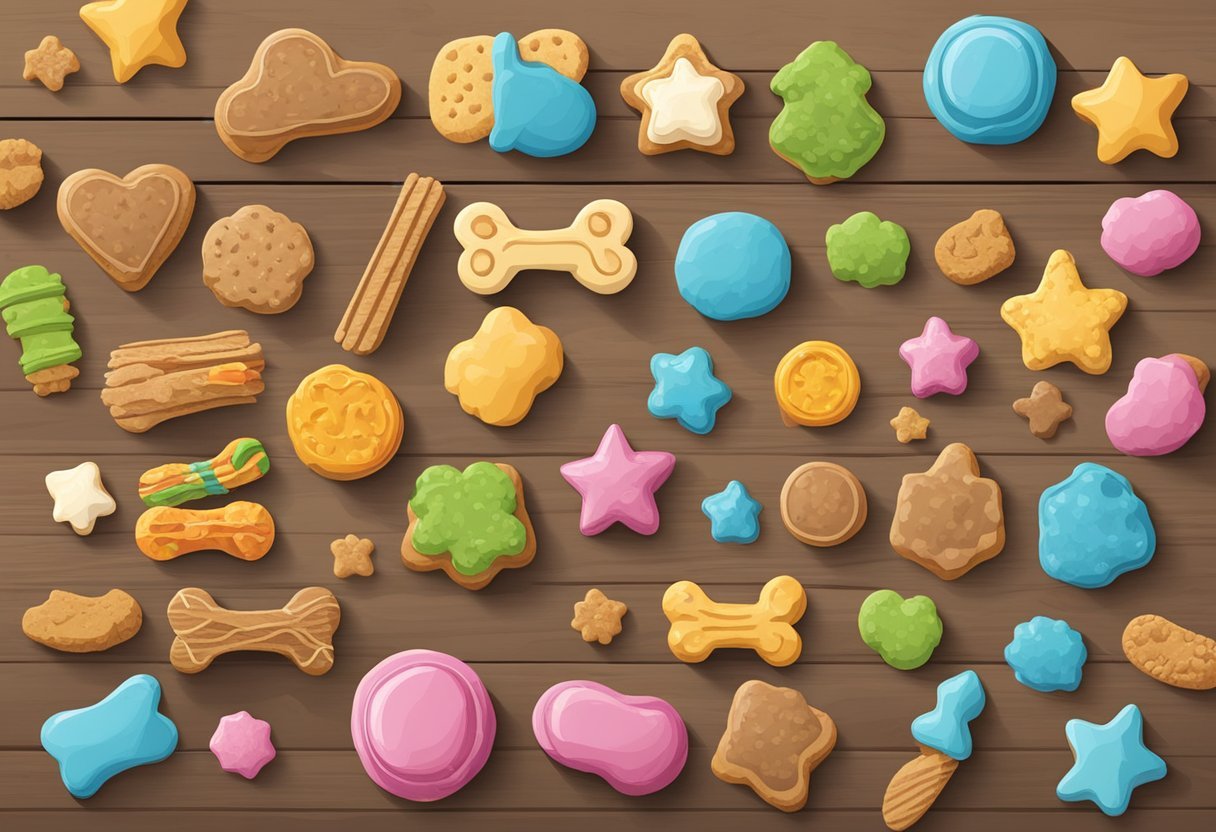 A colorful array of homemade and store-bought dog treats displayed on a wooden table, showcasing a variety of shapes, sizes, and flavors