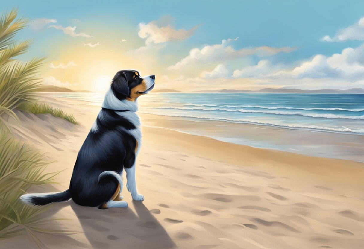 A potcake dog sits on a sandy beach, gazing out at the ocean under a bright blue sky with a few fluffy white clouds