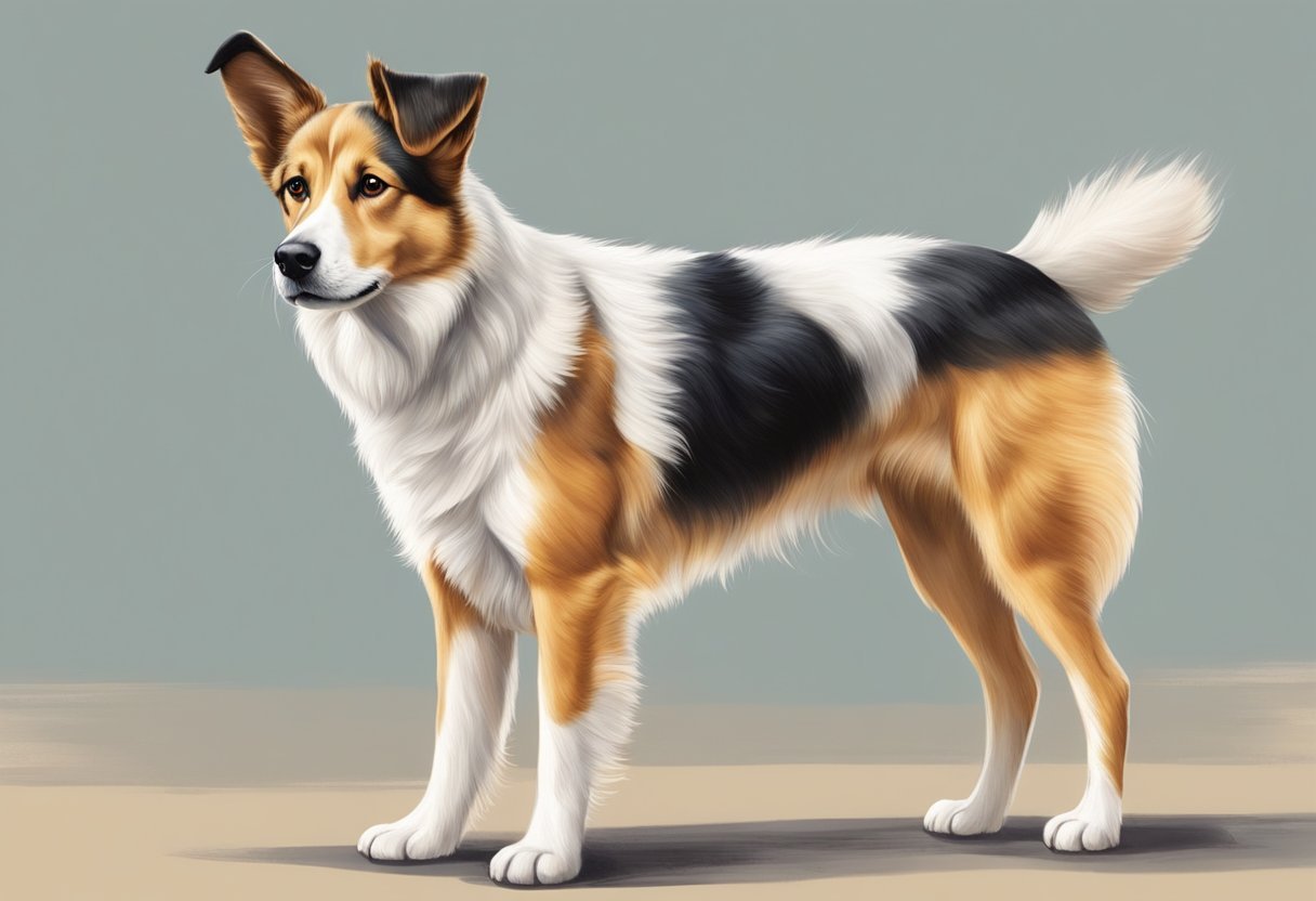 A Potcake dog stands alert, with a lean body, pointed ears, and a bushy tail. Its eyes are bright and curious, showcasing intelligence and loyalty