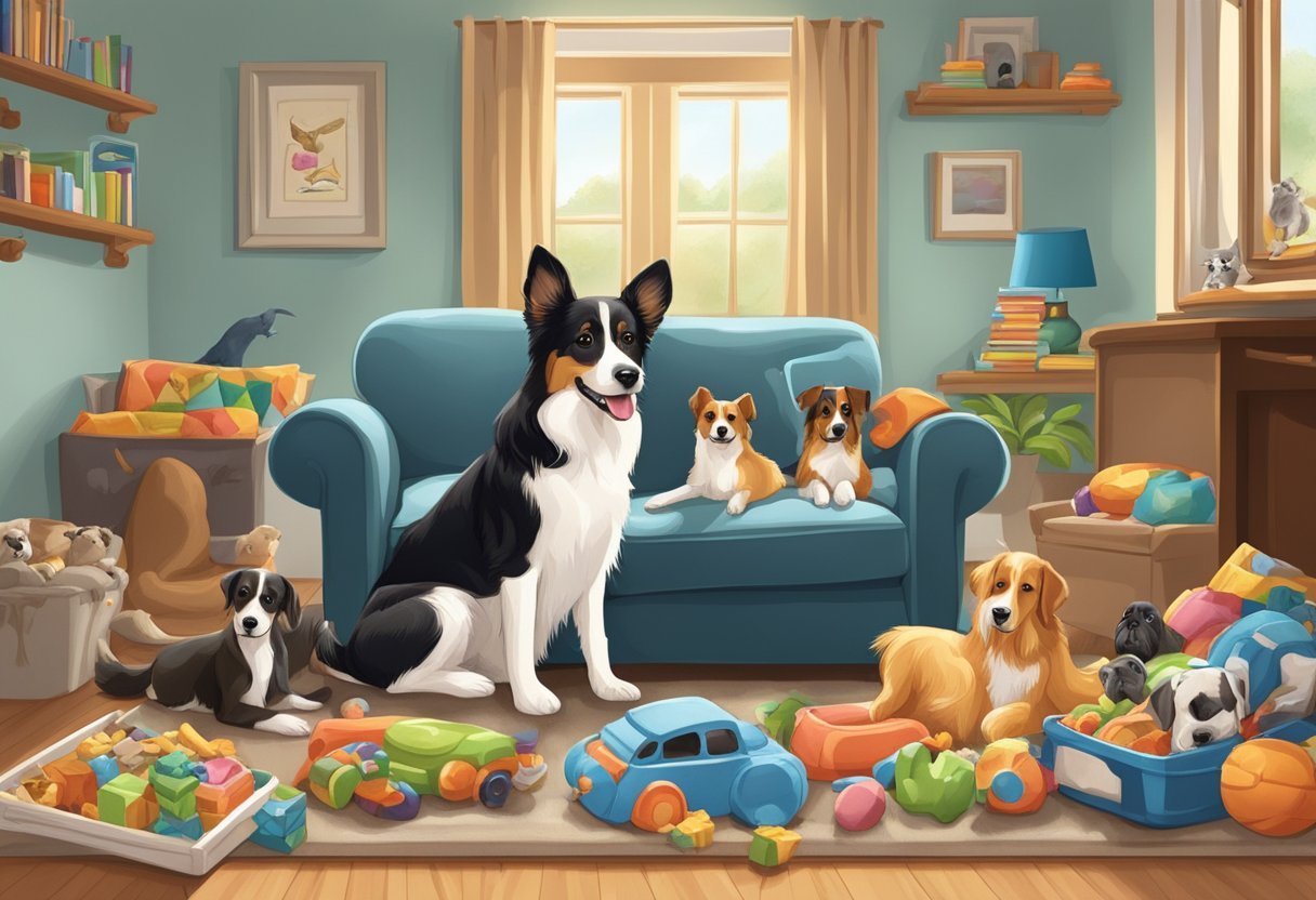 Potcake dogs lounging in a cozy home, surrounded by toys and treats, with wagging tails and happy expressions