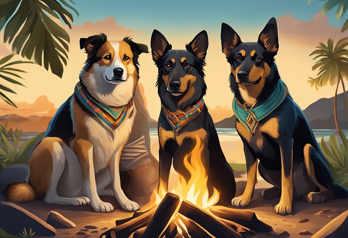 A group of Potcake dogs gather around a campfire, reflecting their origin as loyal companions to the indigenous people of the Caribbean