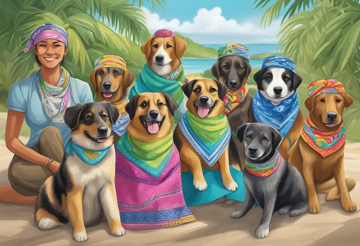 A potcake dog wearing a colorful bandana sits beside a group of locals, symbolizing the cultural impact of these beloved island dogs