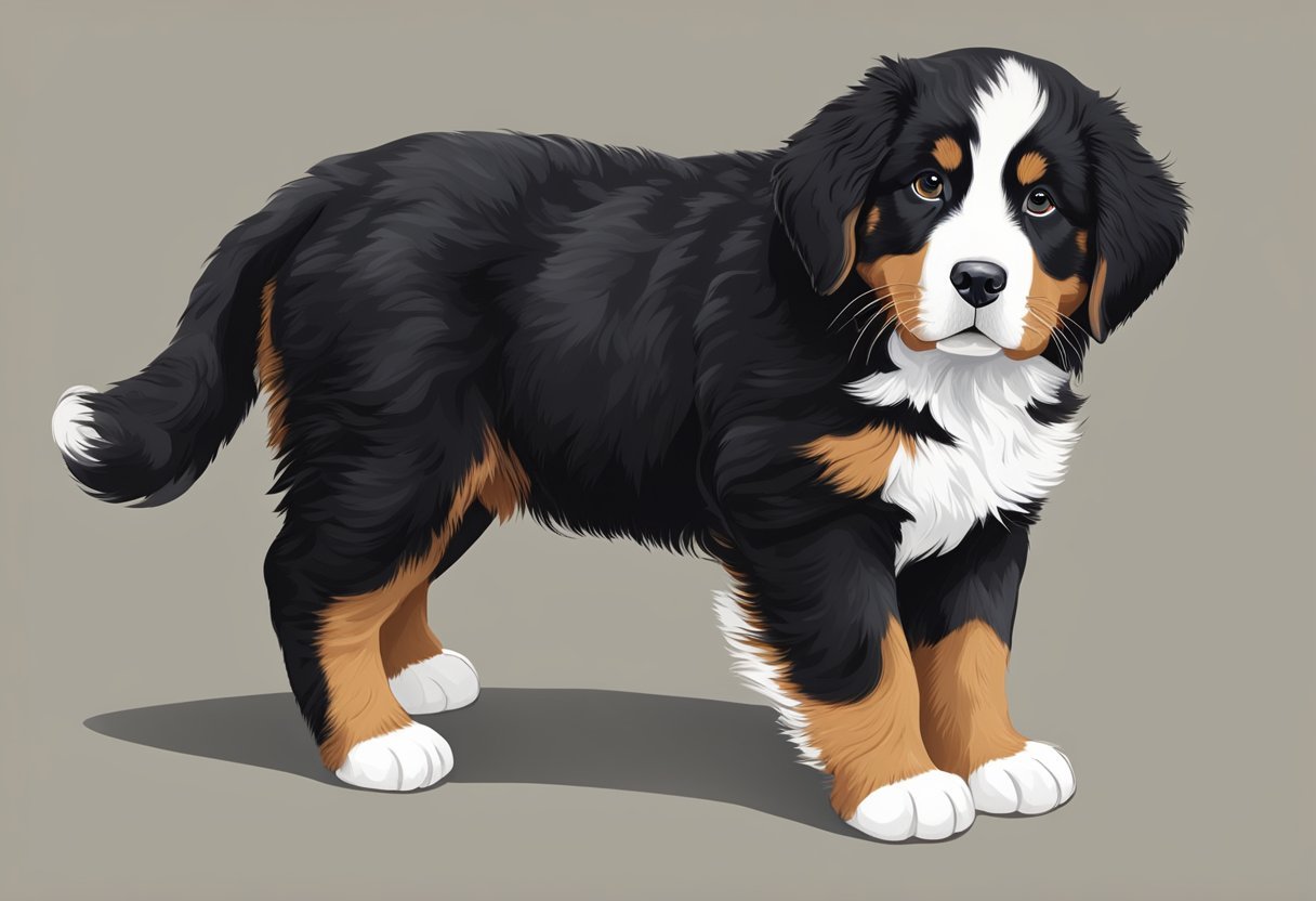 A Bernese mountain dog puppy with a thick, black coat, rust-colored markings, and a white chest, standing on four sturdy legs with a friendly expression on its face