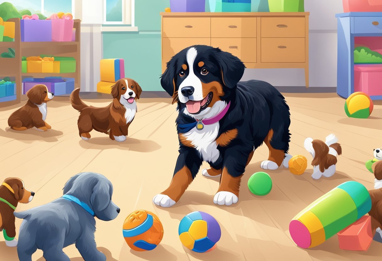 A Bernese mountain dog puppy playing with other dogs in a training class, surrounded by toys and treats