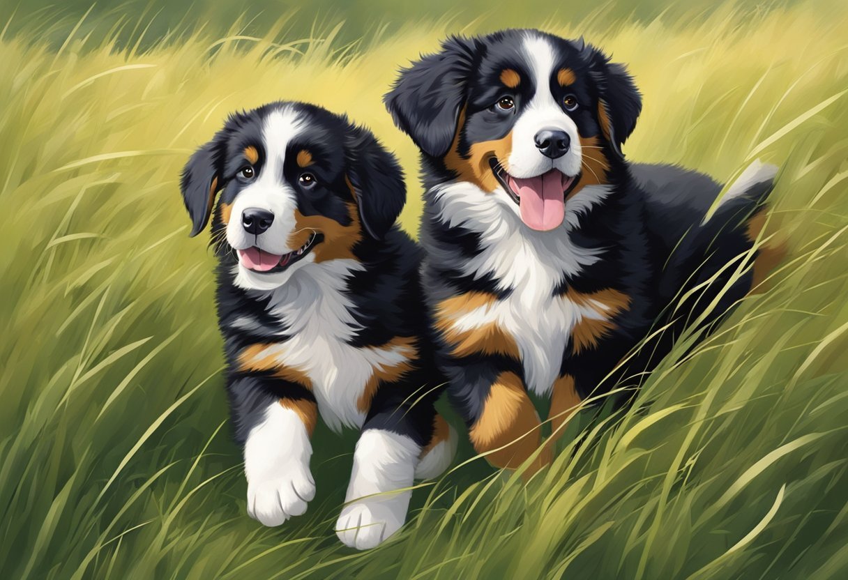 A Bernese mountain dog puppy plays joyfully in a grassy field, wagging its tail and bounding around with a friendly and affectionate demeanor