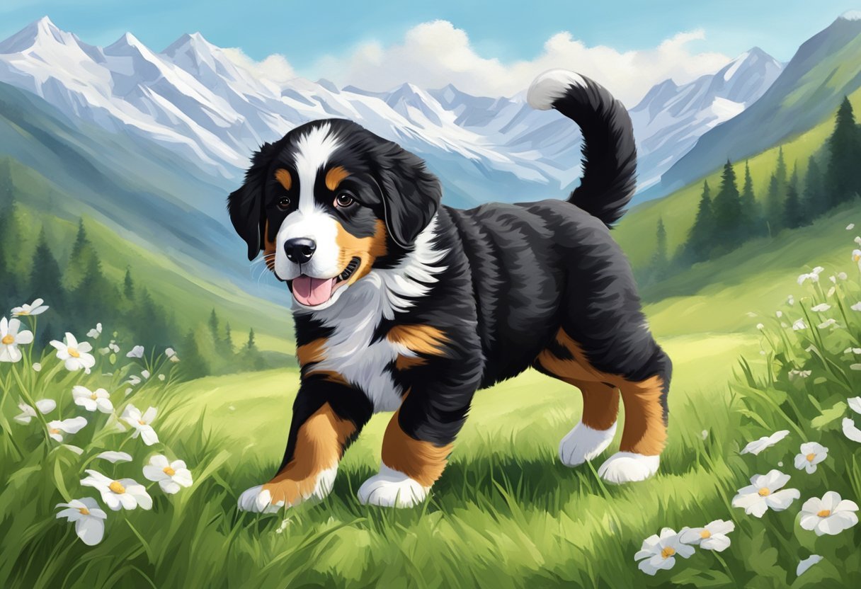 A Bernese mountain dog puppy playing in a green meadow with snow-capped mountains in the background