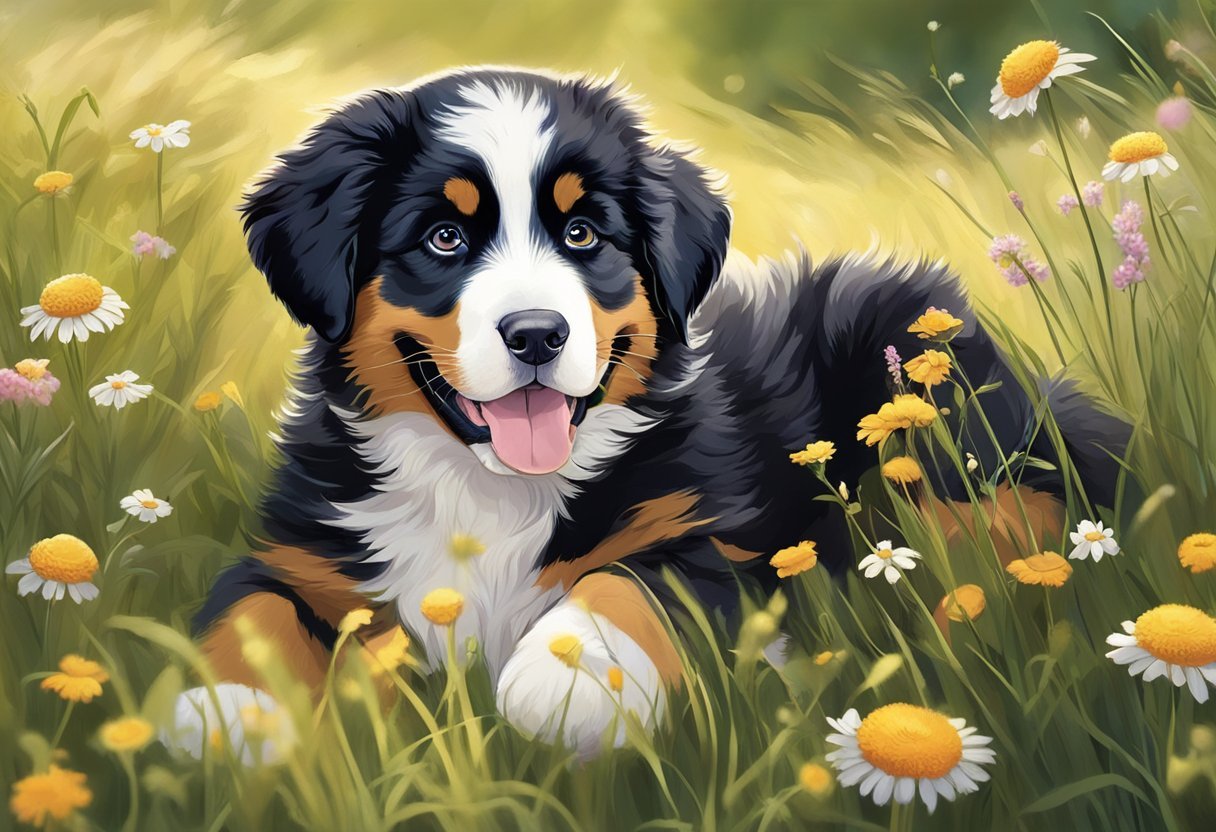 A Bernese mountain puppy plays in a sunlit meadow, surrounded by wildflowers and tall grass, with a gentle smile on its face