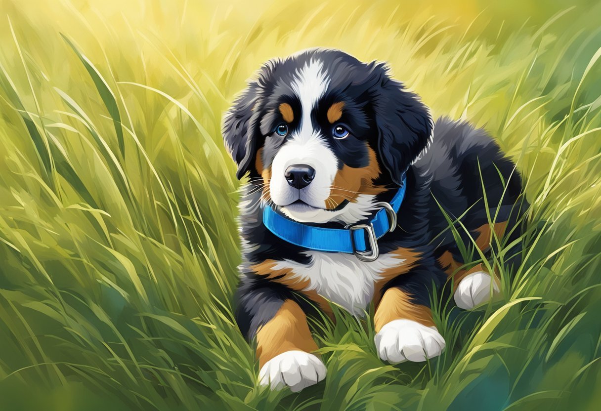 A lively Bernese mountain dog puppy plays in a grassy field, with a bright blue collar around its neck. It looks healthy and happy, with shiny fur and bright eyes