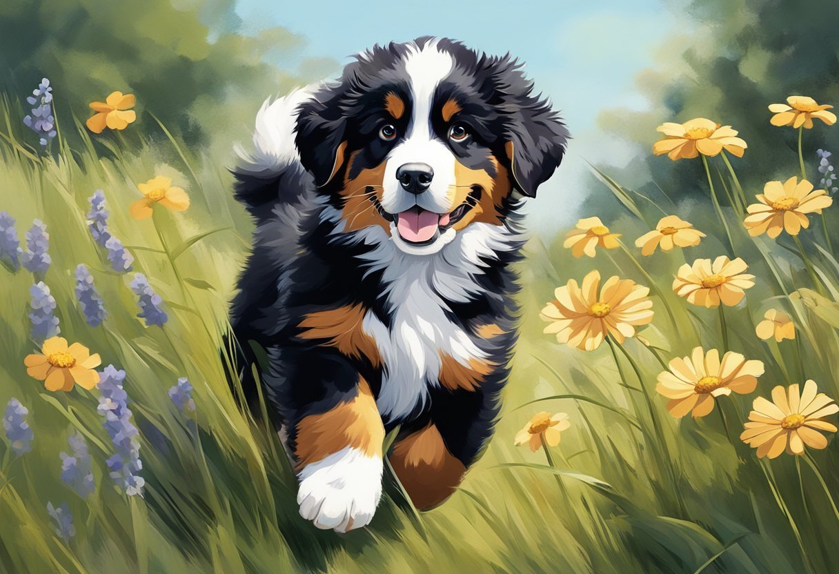 A Bernese mountain dog puppy romps through a field of wildflowers, its fluffy coat catching the sunlight as it playfully bounds through the tall grass