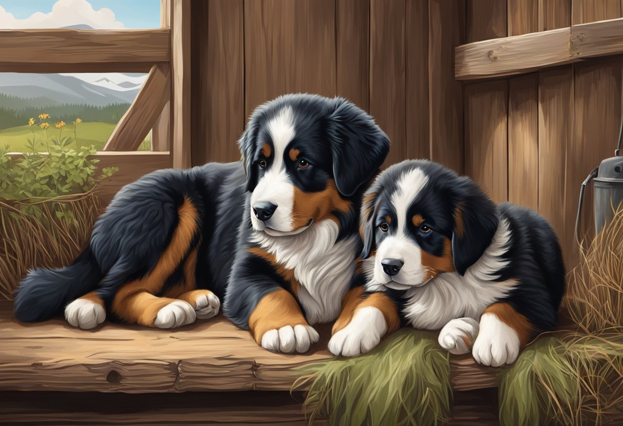 A Bernese mountain dog puppy is being cared for by its mother in a cozy, rustic barn setting