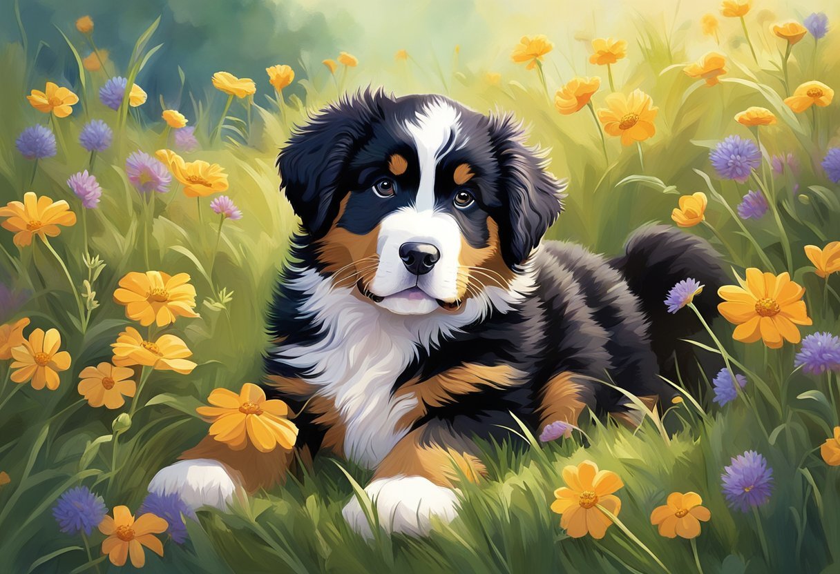 A Bernese mountain dog puppy plays in a grassy field, surrounded by colorful wildflowers and tall trees. The sun shines down, casting a warm glow on the fluffy fur of the playful pup