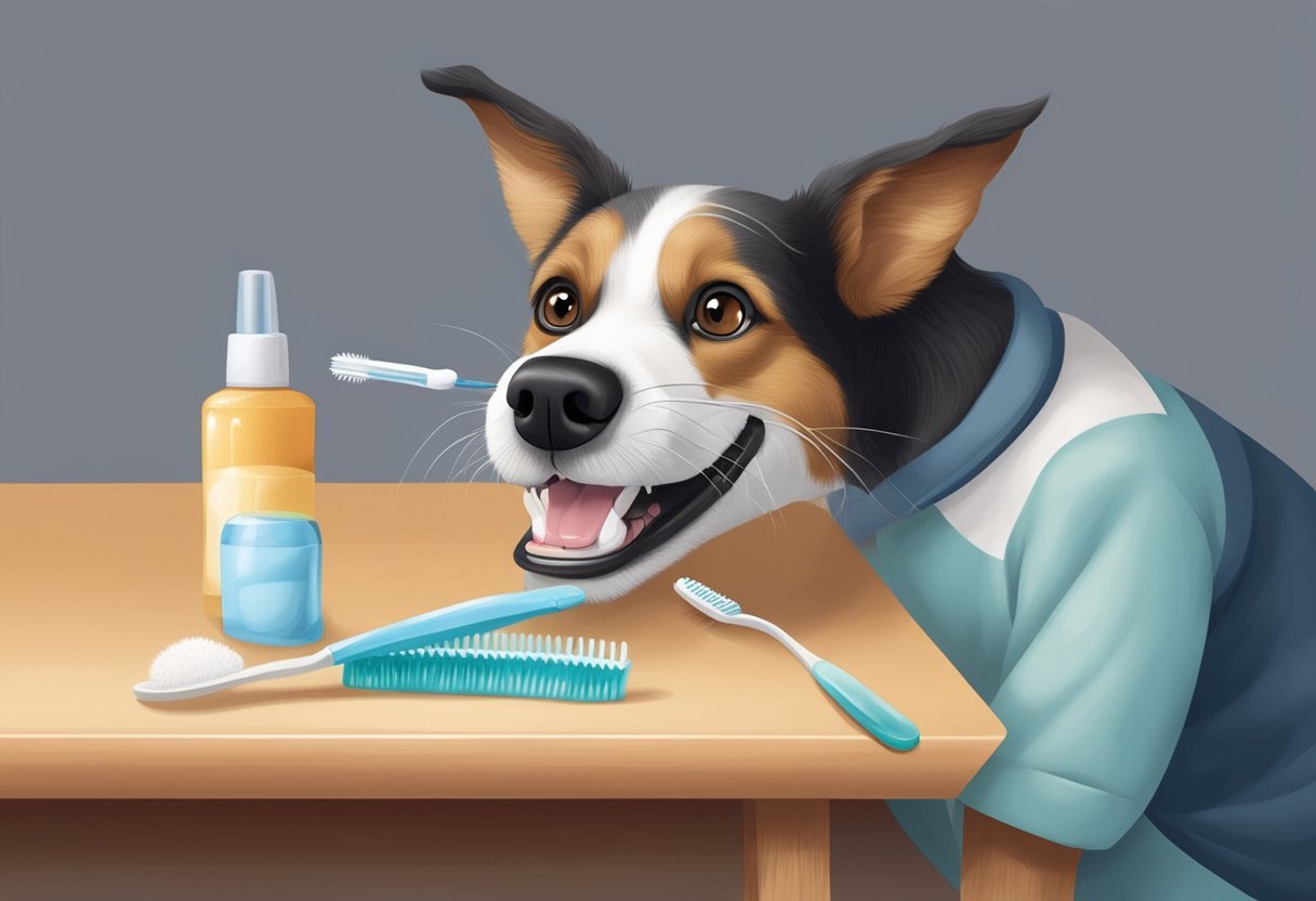 A dog with 42 teeth sits on a table while a person brushes its teeth with a toothbrush and toothpaste