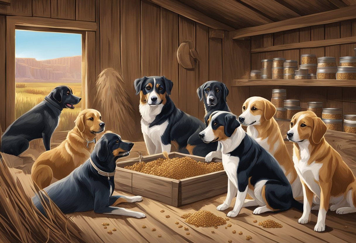 A pack of dogs eagerly devour Badlands Ranch dog food in a rustic barn setting