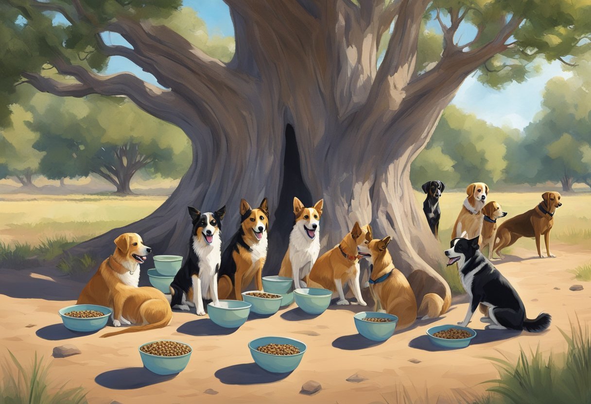 A pack of dogs eagerly devouring bowls of Badlands Ranch dog food under the shade of a large oak tree