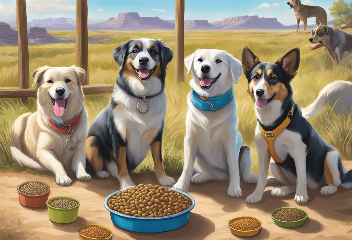 Dogs happily eating Badlands Ranch dog food, tails wagging