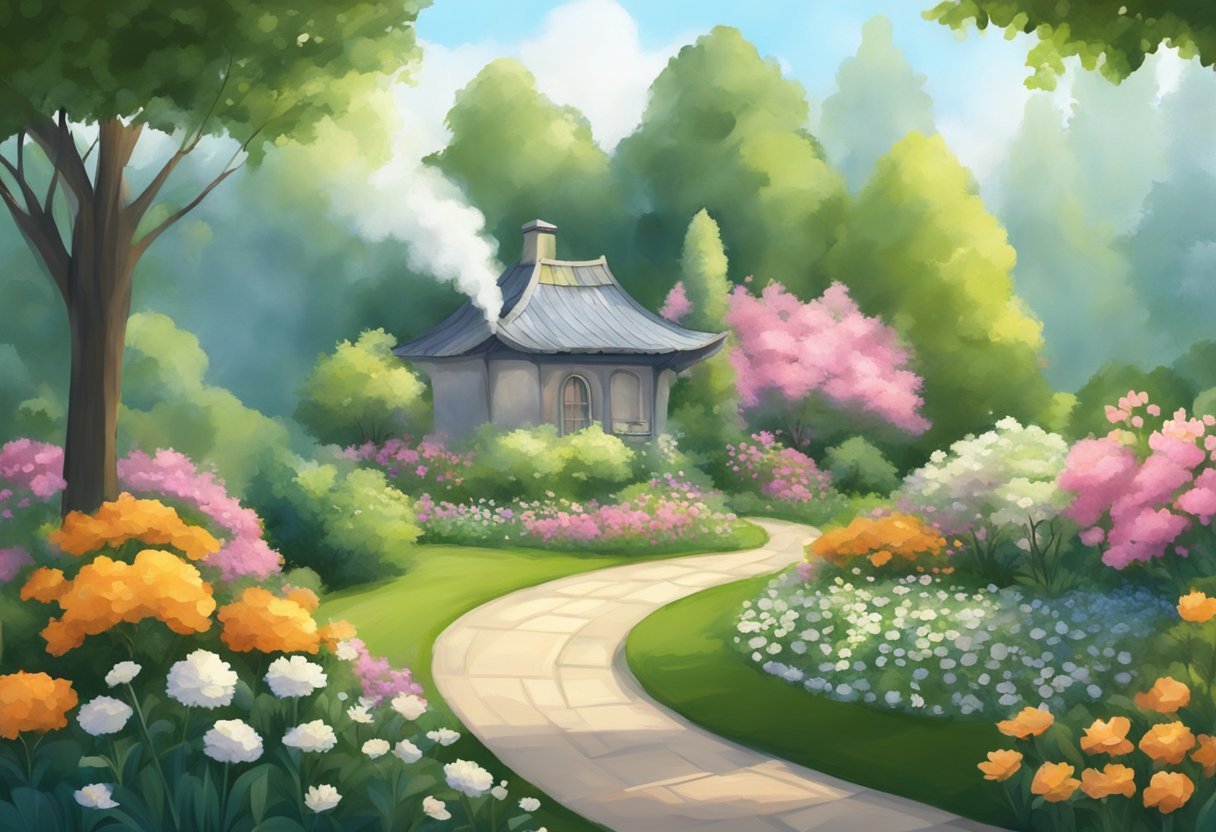 A serene garden with a small building emitting gentle smoke, surrounded by trees and flowers. A peaceful atmosphere with a sense of reverence and tranquility