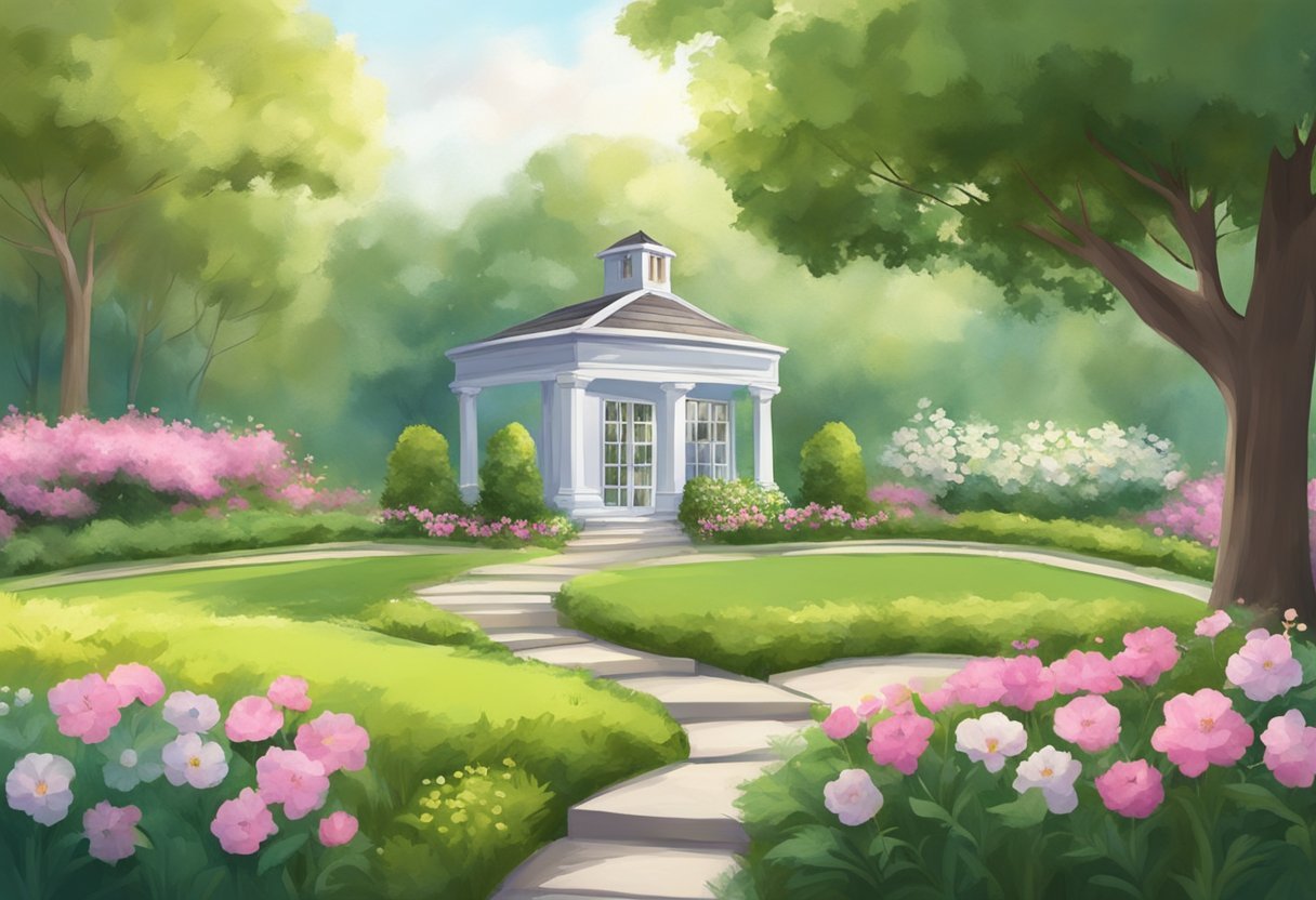 A serene garden with a small, elegant building surrounded by trees. A gentle breeze carries the scent of flowers, creating a peaceful atmosphere for pet owners