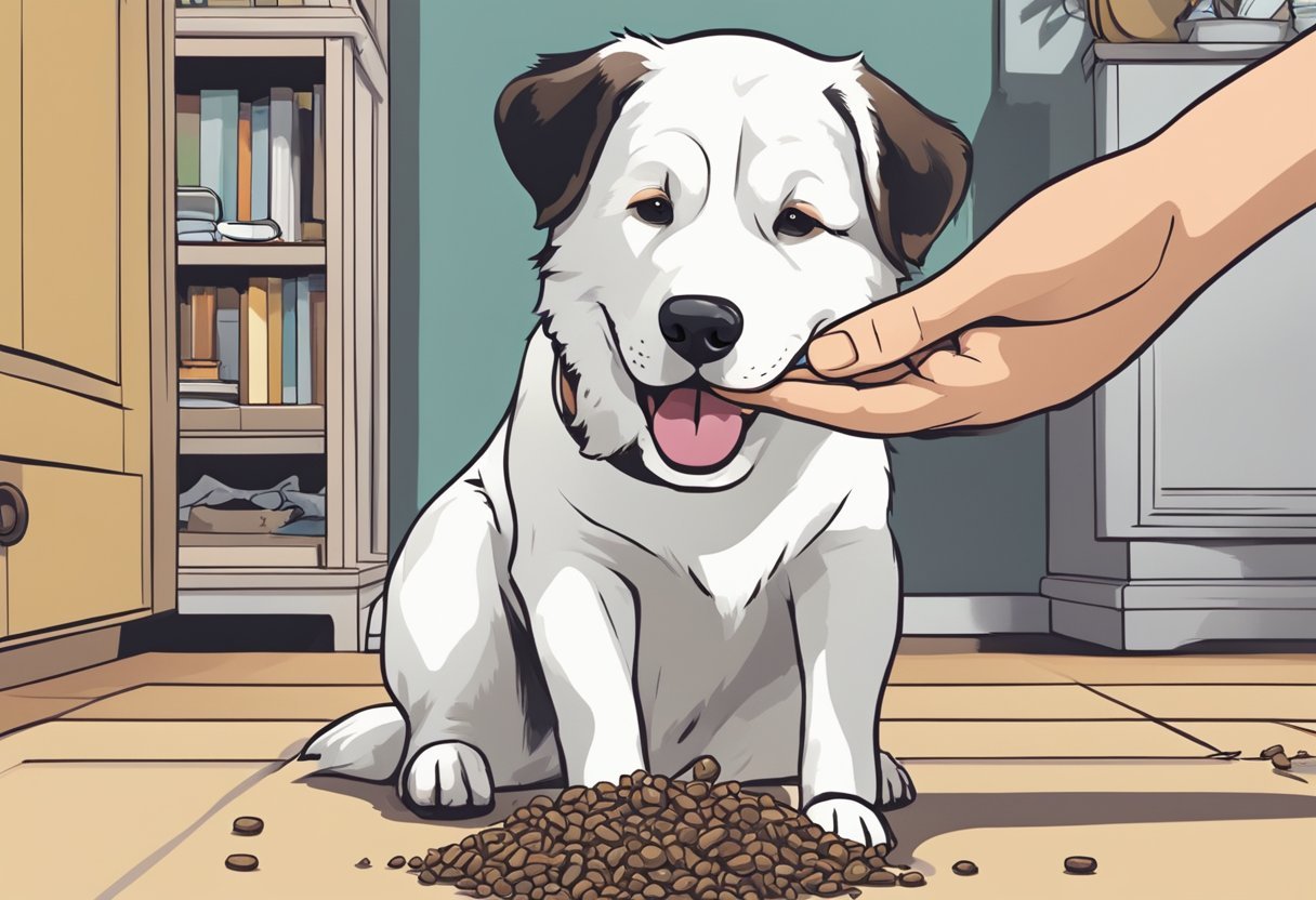 A dog's mouth is open, about to eat poop. A hand reaches in, firmly says "no", and redirects the dog's attention to a toy