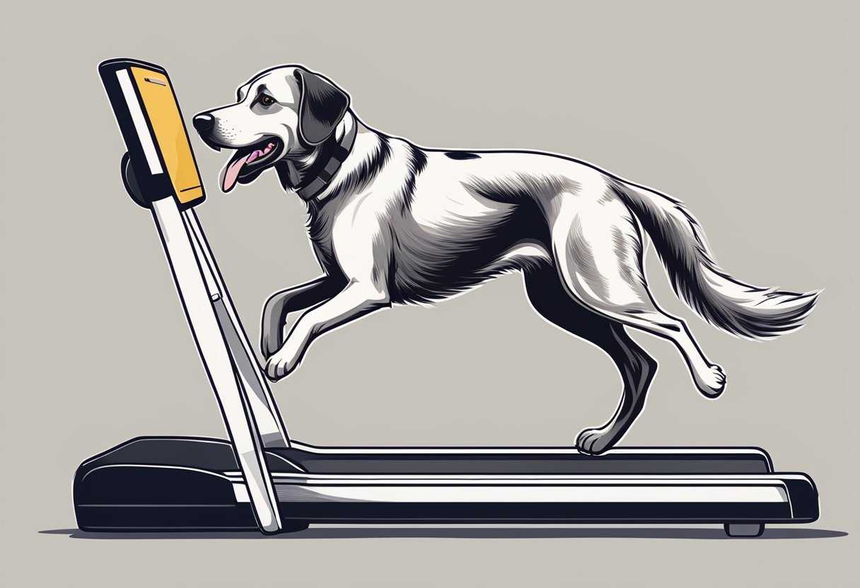 A dog runs on a treadmill, tongue hanging out, tail wagging