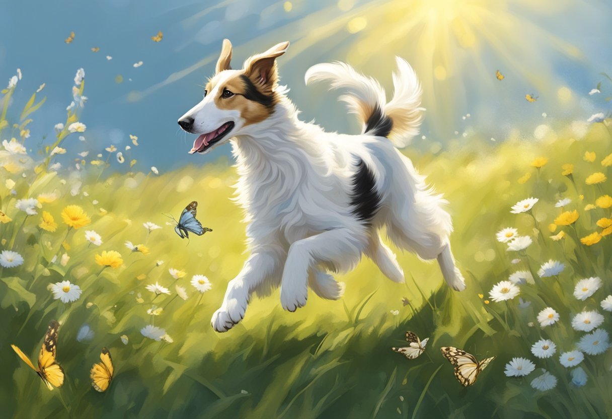 A borzoi puppy playfully chasing butterflies in a sunlit meadow