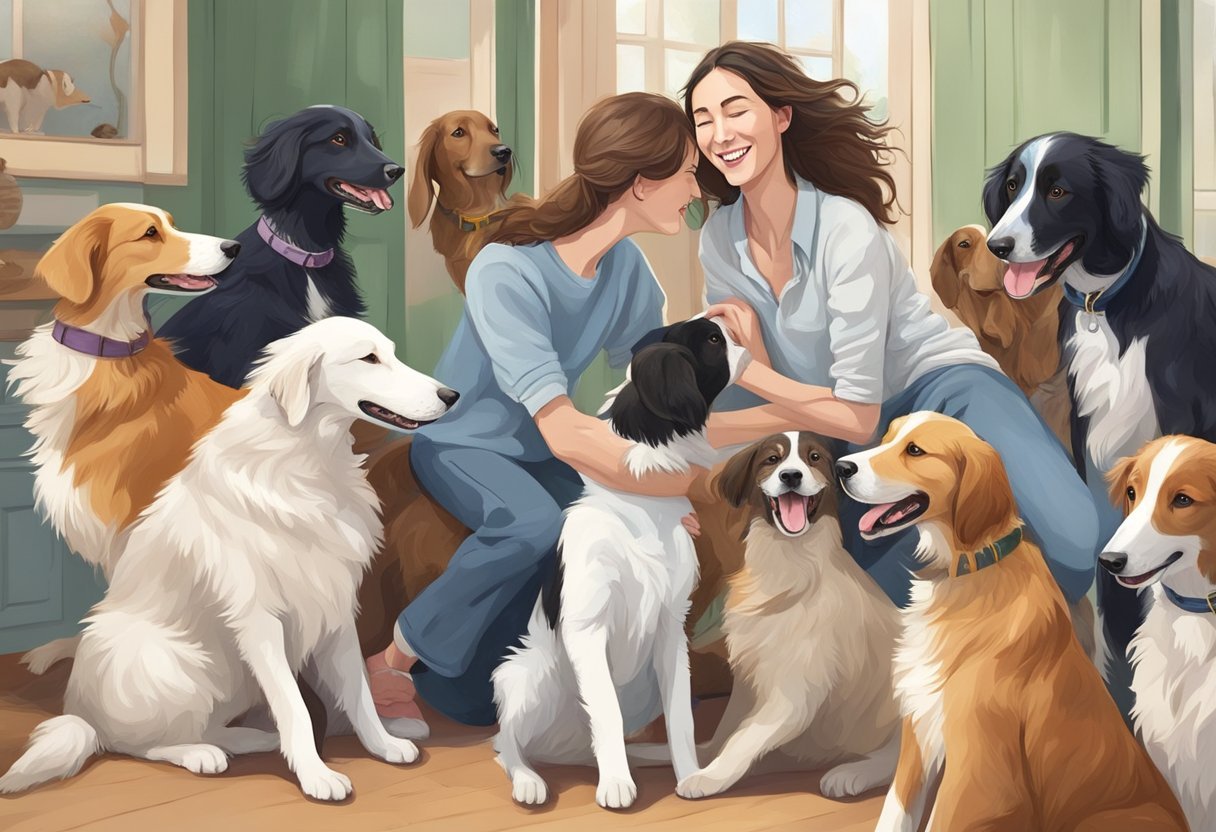 A joyful borzoi puppy leaps into the arms of its new owner, surrounded by other rescued dogs in a loving, homey environment