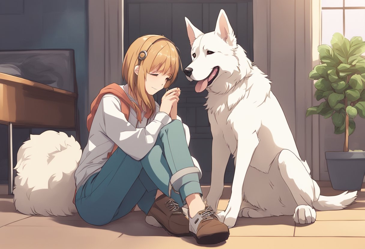 A dog nuzzles its owner's leg, gazing up with adoring eyes. The owner smiles, feeling comforted by the unconditional love and support of their furry companion