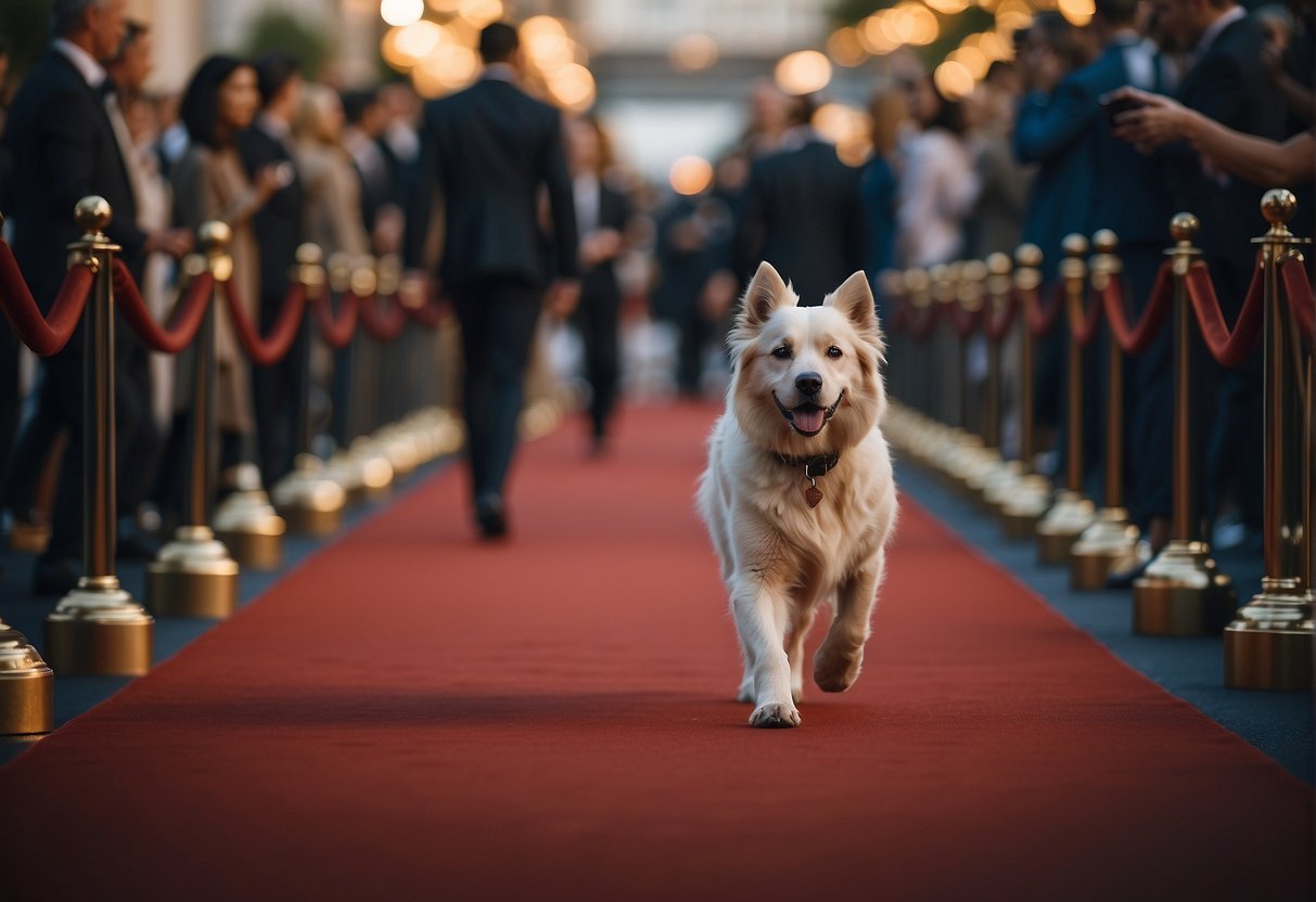 Celebrities and their dogs walk a red carpet, posing for photos