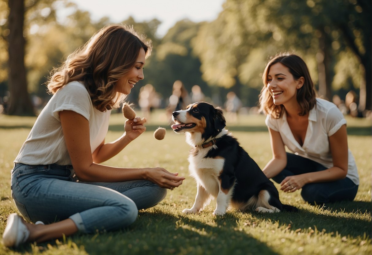 Celebrities play with their adopted dogs in a sunny park