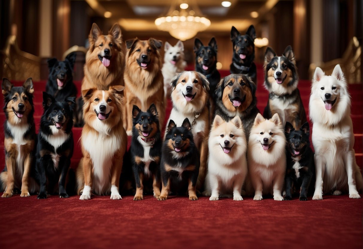 Various dog breeds pose on a red carpet with flashy lights and cameras, showcasing their celebrity owners