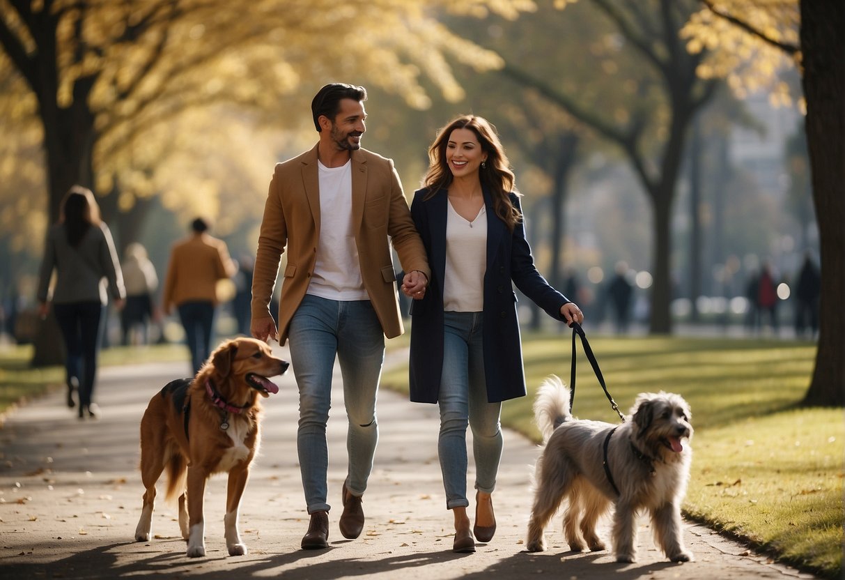 Various celebrities walking their dogs in a park, smiling and chatting with each other. Dogs of all shapes and sizes happily playing together