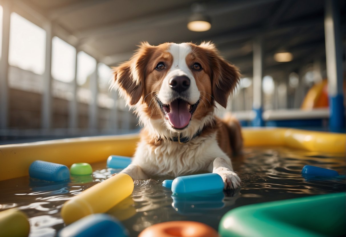 A happy dog playing in a spacious kennel with water and toys, surrounded by a peaceful and clean environment